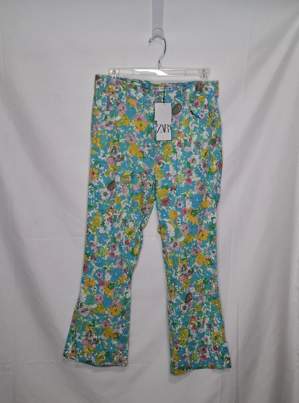 Zara Vibrant Floral Linen Blend Mini Flare Pants Size 8 NWT